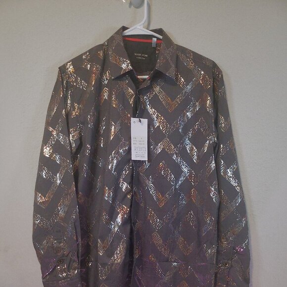 NWT Silver Stone Collection Men's Size MEDIUM Metallic Print Button Down Shirt - Picture 1 of 11